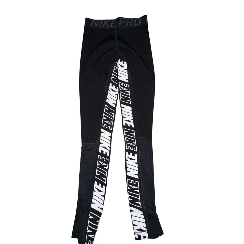Nike Pro Set XS Black Dri-FIT Crop Top Leggings Mesh Logo Athleisure Gymwear - Picture 3 of 16